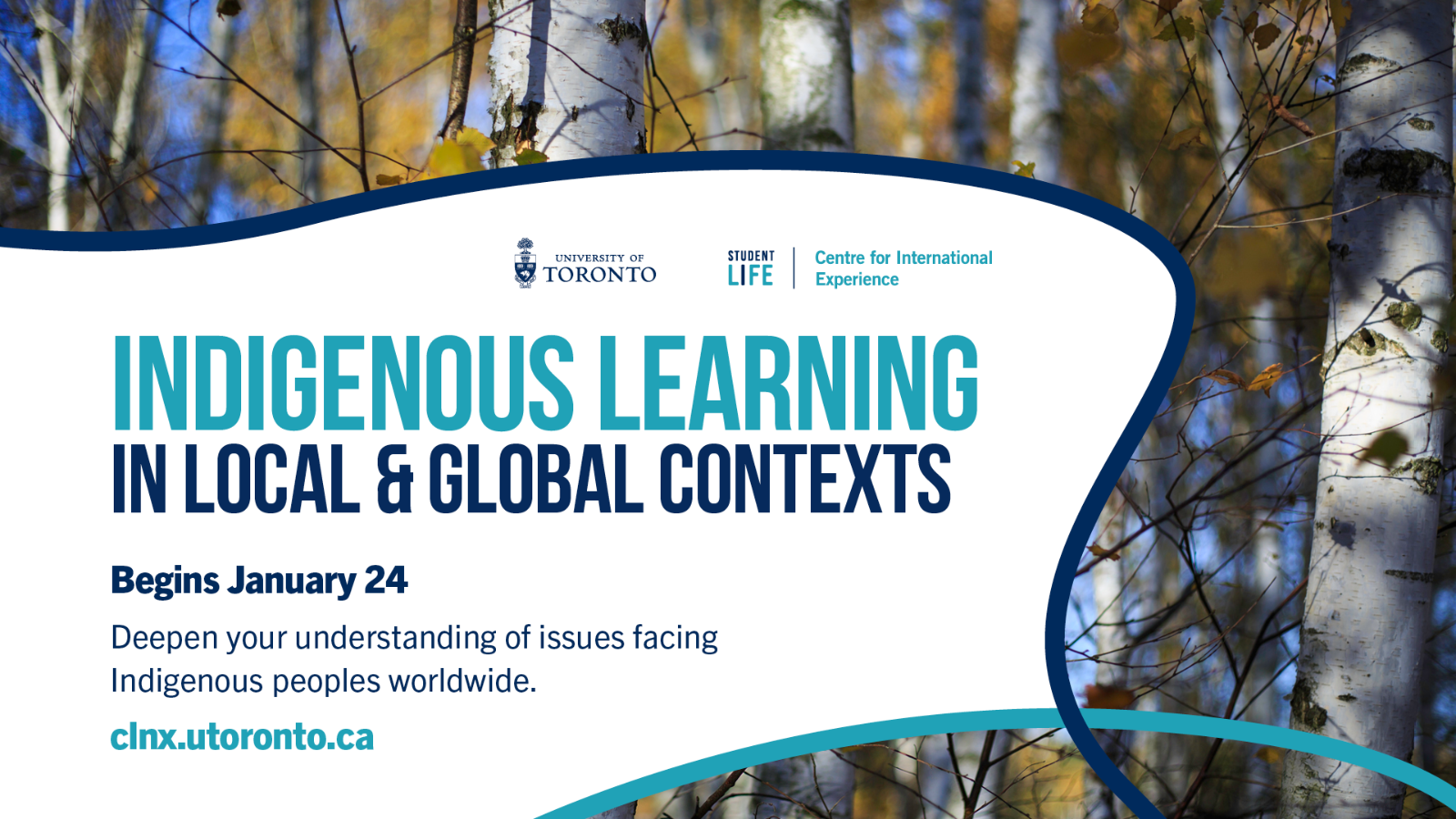 A photo of tree trucks with text, "Indigenous Learning in Local & Global Contexts. Begins January 24 Deepen your understanding of issues facing Indigenous peoples worldwide. clnx.utoronto.ca" 