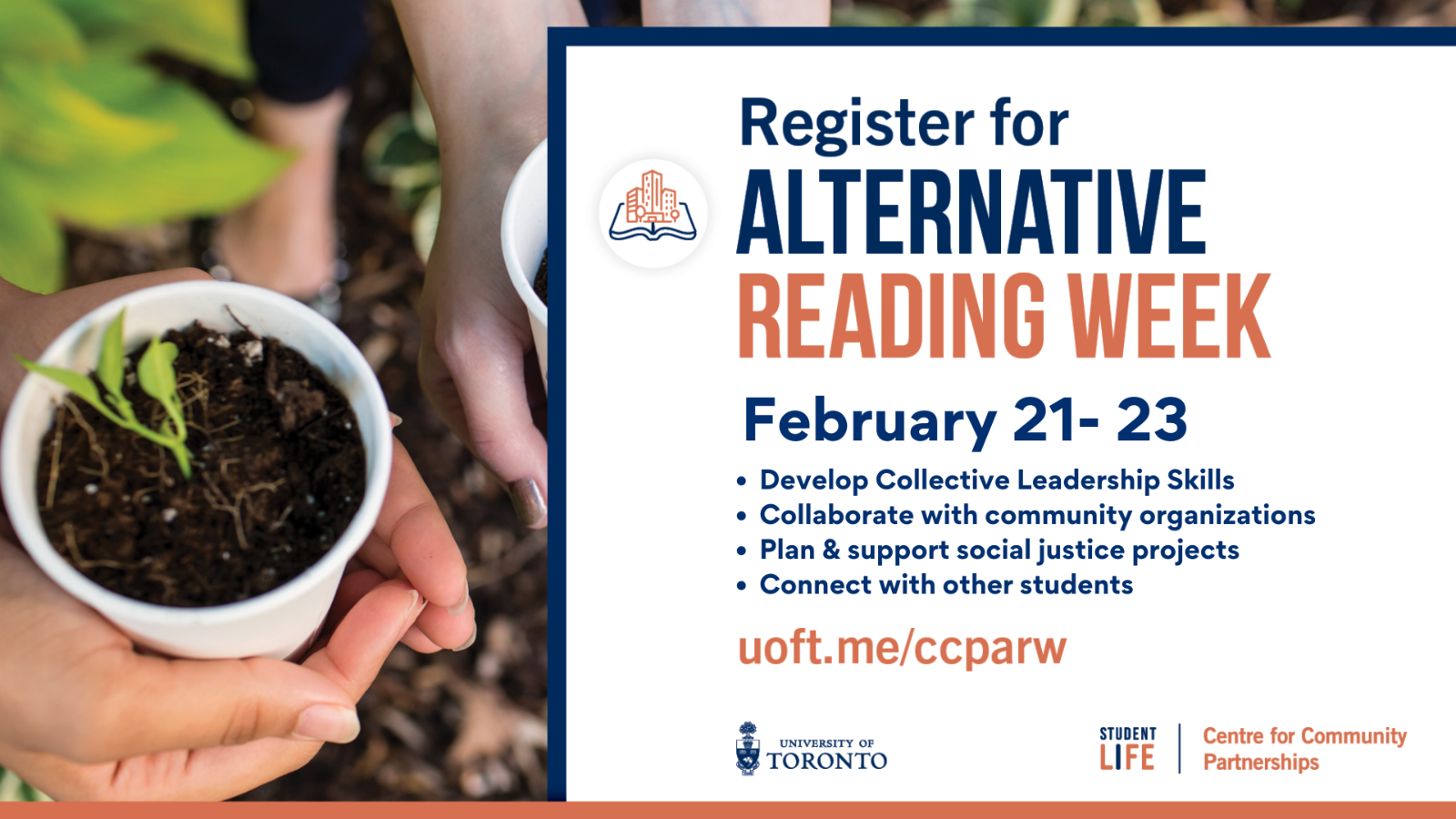 Alternative Reading Week logo; acompanied by someone holding a planter with a growing plant.
