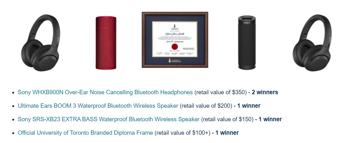 Picture of headphones, wireless speakers and U of T Diploma frame